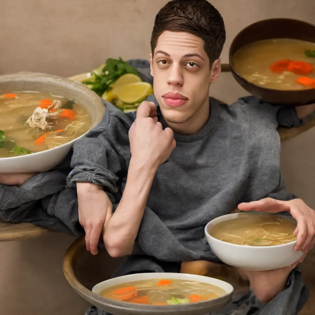 Image similar to pete davidson sitting in a bowl of nice broth soup