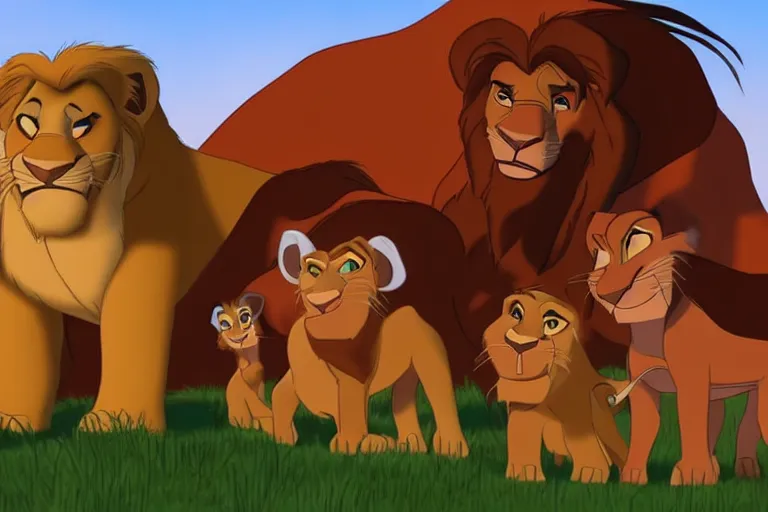 simba, mufasa and sarabi from lion king looking at joe | Stable Diffusion