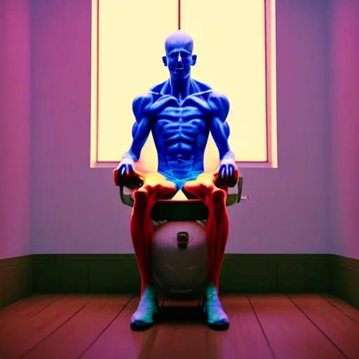 Image similar to Digital art Very High detailed Dr.Manhattan in Ukrainian village house by Taras Shevchenko, siting on a toilet, photorealism, by Beeple, rendered in Octane render