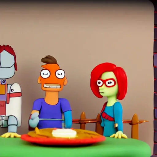 Prompt: fry, bender and leela from futurama eating cake, claymation, cinematic, 8 k