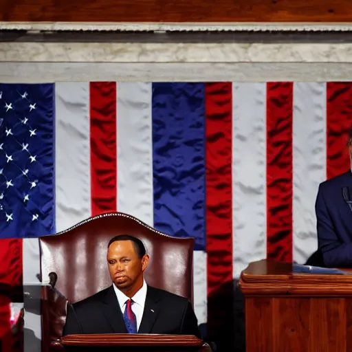 Prompt: tiger woods giving the state of the union address as president of the united states of america. ultra realistic. 4 k.