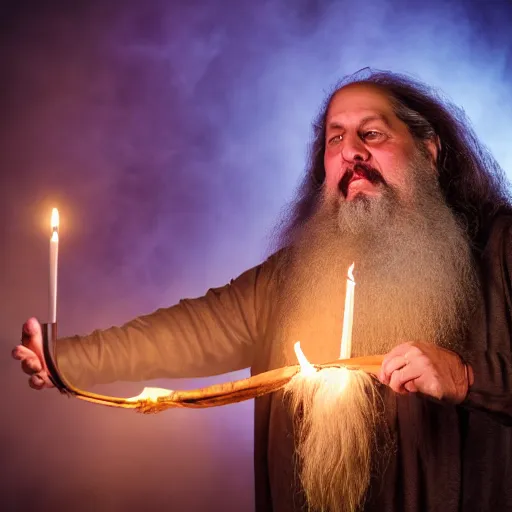 Image similar to Richard Stallman an arcane wizard casting a spell, 4k, fantasy, mystical, Sony A7R III, 85mm, f/1.8, 2018