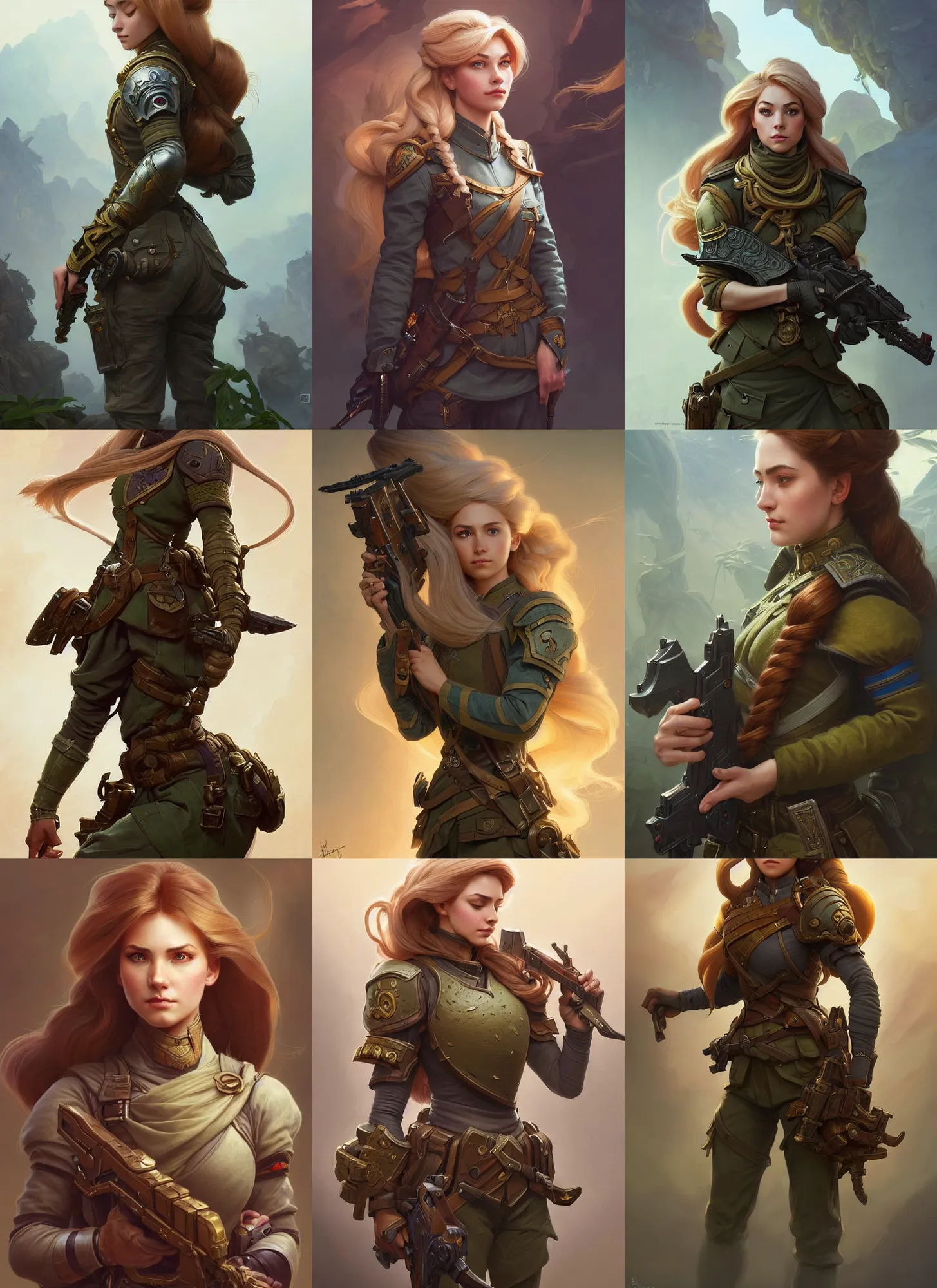 Prompt: full body photograph of female soldier with rapunzel hair, deep focus, intricate, elegant, highly detailed, digital painting, artstation, concept art, matte, sharp focus, illustration, d & d, fantasy, hearthstone, art by artgerm and greg rutkowski and alphonse mucha