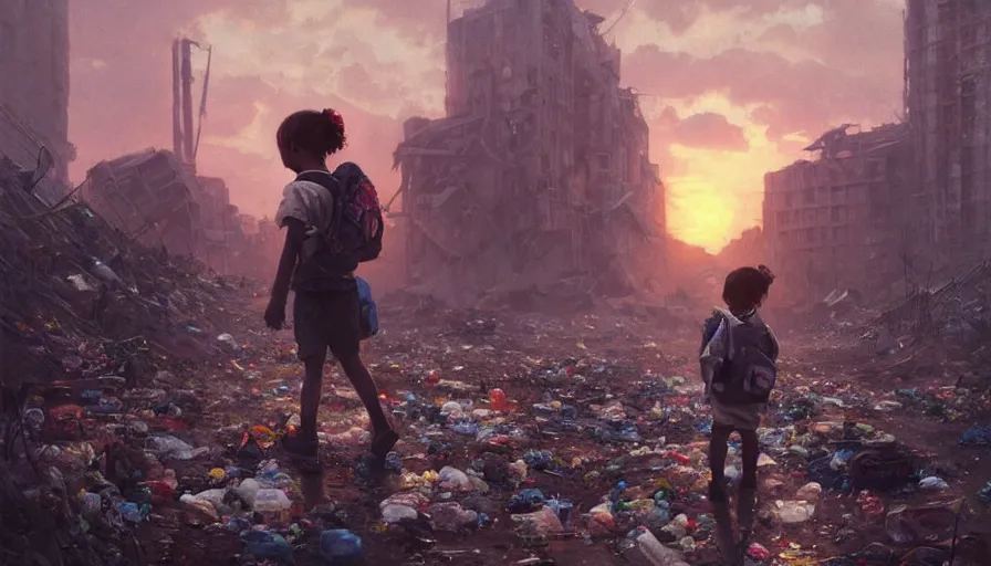 Image similar to poor detailed child with backpack looking for food at garbage dump, city is pure wasteland, moody sunset in background, greg rutkowski, alphonse mucha, trending on artstation, artgerm, unreal engine, breathtaking, award winning, highly detailed