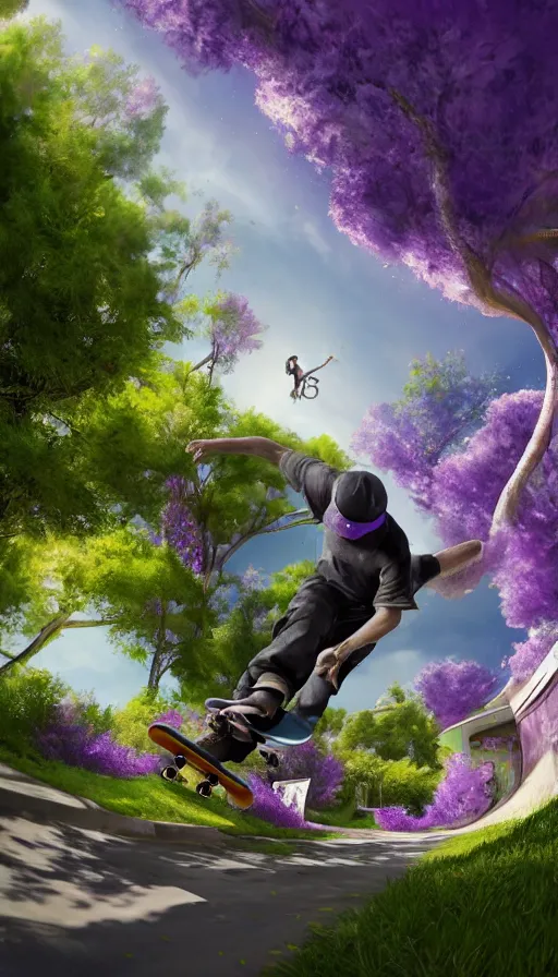 Image similar to A skateboarder going downhill towards a magical portal and purple trees in the distance, abandoned city with graffiti, sweat drops, insane, intricate, highly detailed, oil painting, smooth, sharp focus, Unreal Engine 5, 8K, art by Diego Velázquez