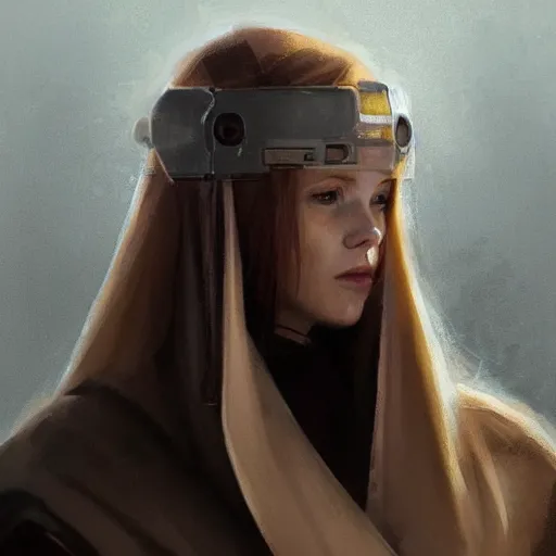 Image similar to portrait of a woman by greg rutkowski, jedi princess knight, straight redhead with two strands around her face, jedi robes, star wars expanded universe, she is about 2 0 years old, elegant, graceful, wearing jedi robes, highly detailed portrait, digital painting, artstation, concept art, smooth, sharp foccus ilustration, artstation hq