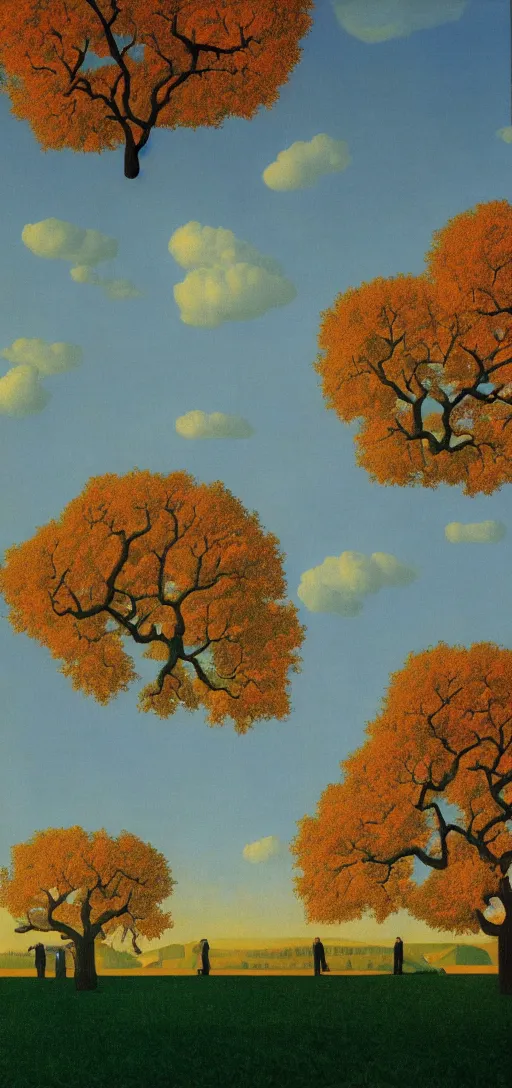 Prompt: Sunset on an autumn day in the park by Rene Magritte. Surreal. Fractal.