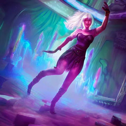 Image similar to Long Shot of psychodelic ciri in mysterious astral temple jumpin with pistol in river of chromatic SPIRITS , beautiful, dmt, trending on artstation, omnious, soft, hypermaximalistic, high details, cinematic, 8k resolution, artwork by Wong, Liam