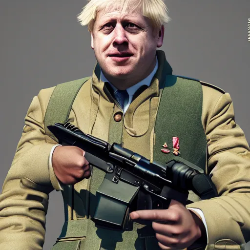 Image similar to boris johnson with ussr military uniform on in kyiv, realistic, long shot, sunny lighting, octane render, gq magazine, hyper realistic, high quality, highly detailed, hd, beautiful, cinematic, 8 k, unreal engine, facial accuracy,