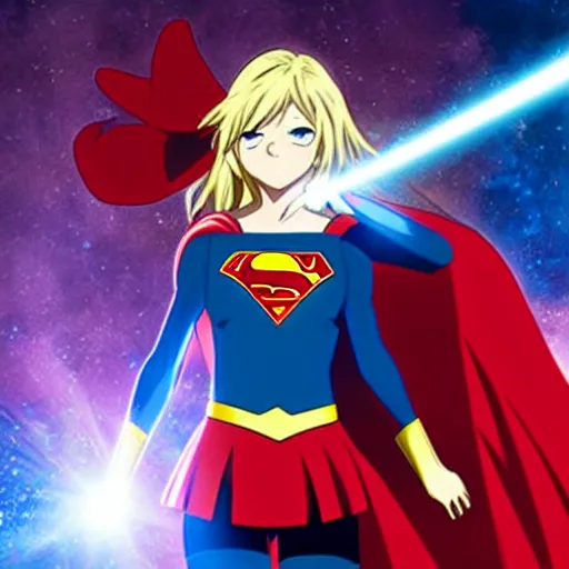 Prompt: anime visual of supergirl, laserbeam from eyes, official media