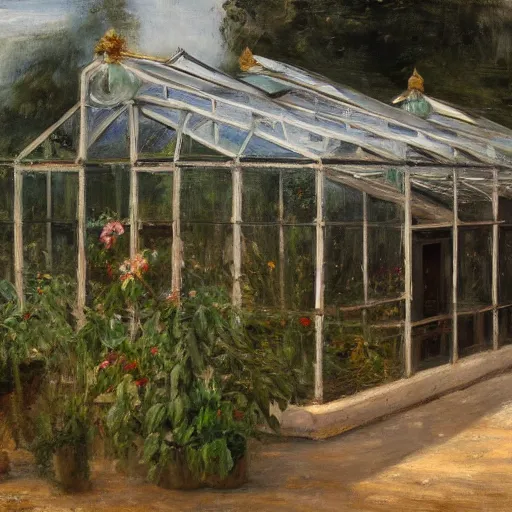 Prompt: Greenhouse in Ancient Greek | painting by Max Liebermann | trending on artstation | 8k | HD