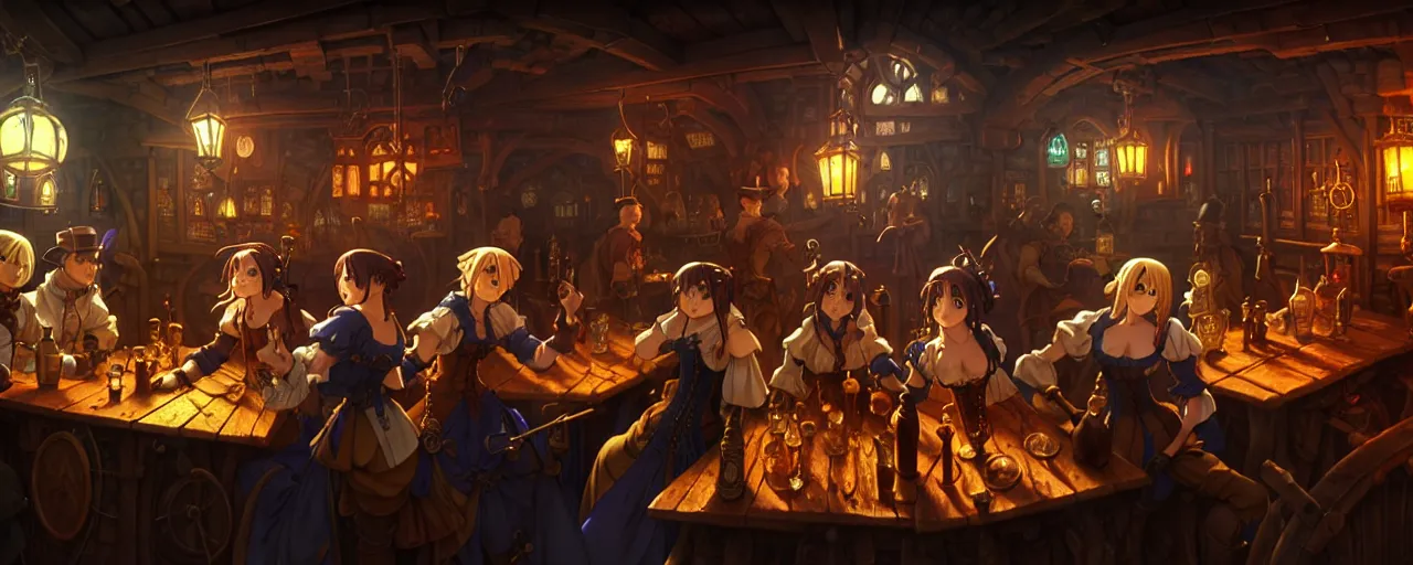 Prompt: A multidimensional cozy tavern, screenshot from medieval steampunk anime hidden object game, cinematic lighting, epic composition, cartoon, animation, background art, post processing, 8K resolution, elegant, highly detailed, digital painting, artstation, concept art, matte, sharp focus, illustration, art by da Vinci, Artgerm and Greg Rutkowski and Alphonse Mucha