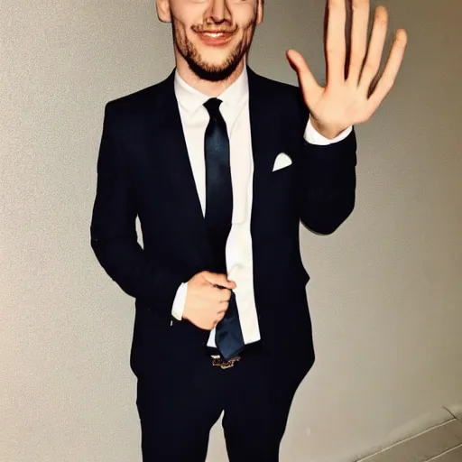 Image similar to a picture of the most attractive man on the planet wearing a suit, giving a peace sign,
