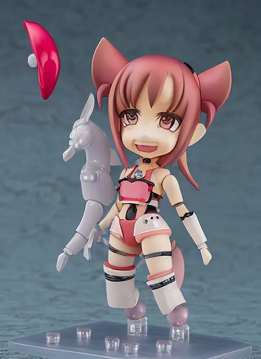 Prompt: a grotesque caricature of a kawaii mecha musume girl nendoroid figurine with a big dumb bucktooth grin featured on wallace and gromit by arthur szyk, looney