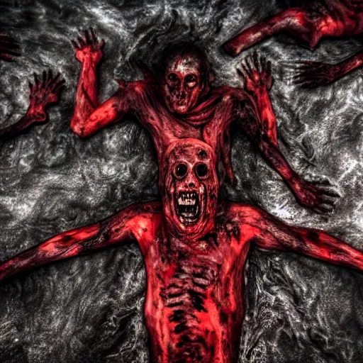 Image similar to demon eating man flesh on a huge pile of dead bloody bodies, rivers of blood running down, black ground, black sky, red sun