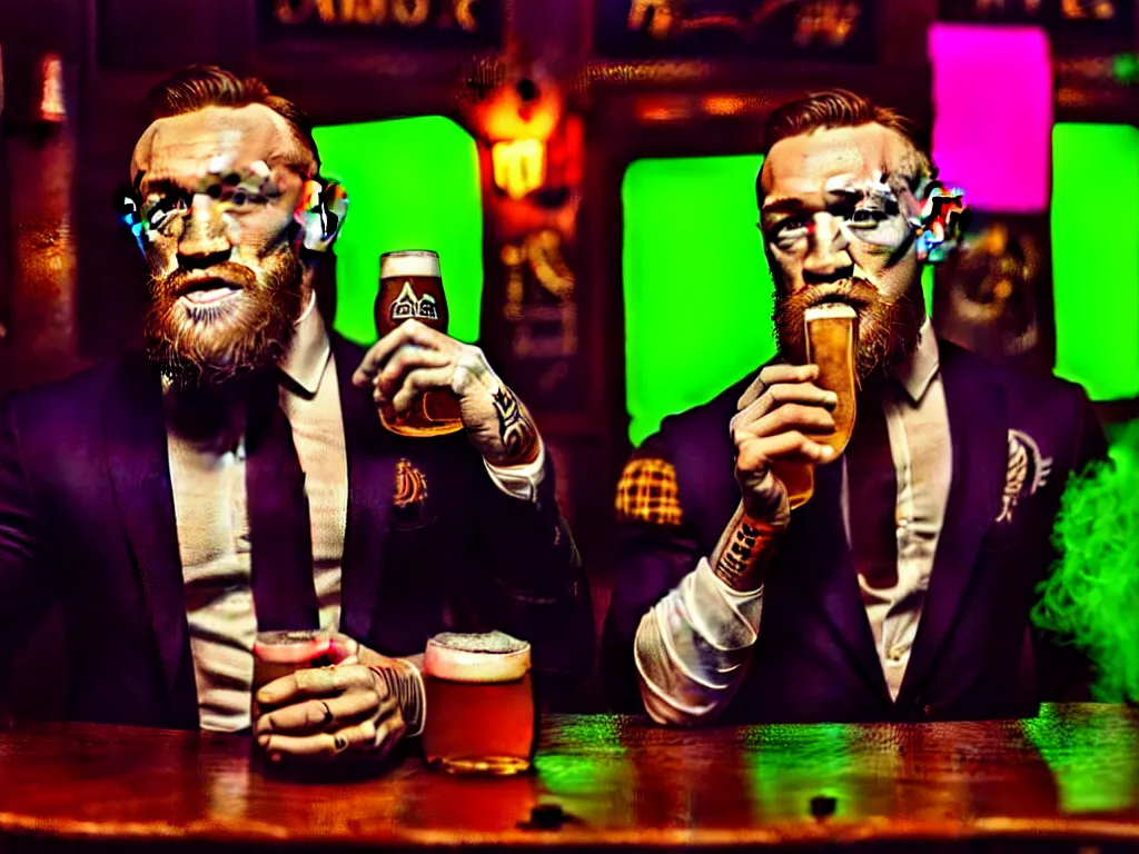 Image similar to a well framed portrait of conor mcgregor drinking a beer and smoking a cigar in an irish pub with a neon bar, laser lighting, trending on art station, in the style of the movie heat with al pacino, volumetric lighting & shadows, hyper detailed, digital art, unreal engine, 4 0 0 mm f 1. 8,