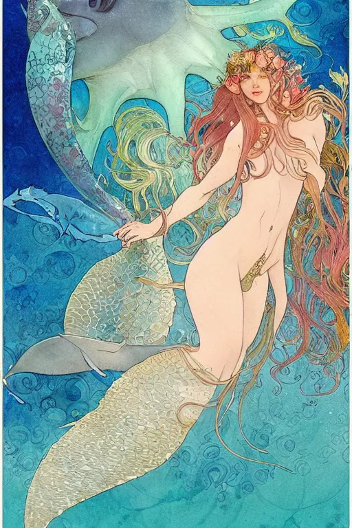 Image similar to a beautiful intricate watercolor illustration of a mermaid swimming with a manta ray in a coral reef, tropical fish and octopus, 4 k, ultra - wide angle, by william turner, by victo ngai, by alphonse mucha, by miho hirano, by moebius, hd, trending on artstation, hyper detailed, muted intense colors