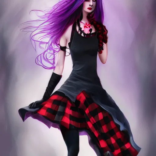 Image similar to full body art of a cute woman, long purple hair, black tanktop, red tartan skirt, black gloves, purple lipstick, digital art, fantasy art, 4k,