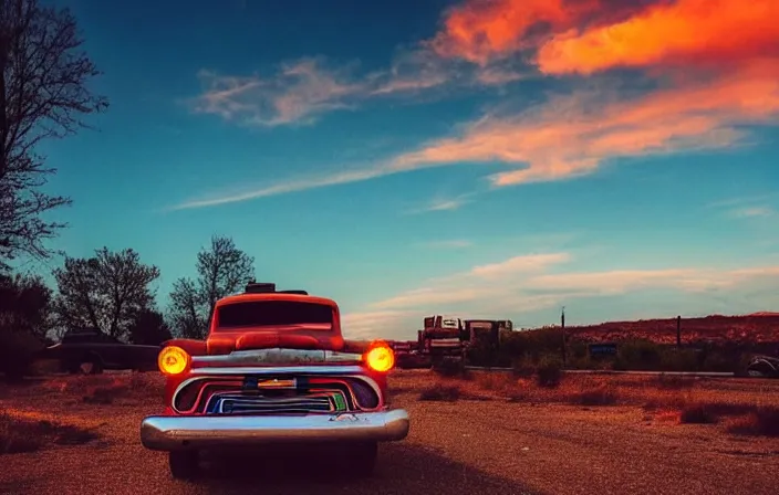 Image similar to a sunset light landscape with historical route 6 6, lots of sparkling details and sun ray ’ s, blinding backlight, smoke, volumetric lighting, colorful, octane, 3 5 mm, abandoned gas station, old rusty pickup - truck, beautiful epic colored reflections, very colorful heavenly, softlight