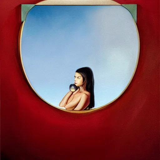 Image similar to Emily Ratajkowski full body laying in a blood red pool of water between a golden mirror frame, outside is space and inside the mirror frame is a beautiful landscape. Hyperrealistic surreal 4K IMAX Rene Margritte intricate, elegant, highly detailed, digital painting, artstation, concept art, smooth, sharp focus, illustration, art by artgerm and greg rutkowski and alphonse mucha