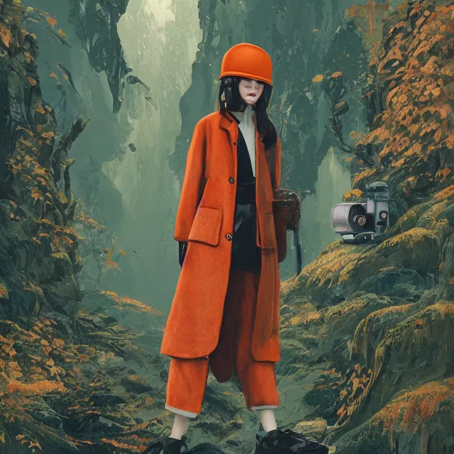 Image similar to portrait of alone androgynous girl wearing long orange vintage leather coat, bakelite rocky mountains, moss green japanese haunted forest background, ultrafine hyperdetailed illustration by hsiao - ron cheng and artgerm, wearing giant modular synthesizer 8 0 s sony stereo helmet and backpack, the grand budapest hotel, glow, no crop, digital art, artstation, pop art