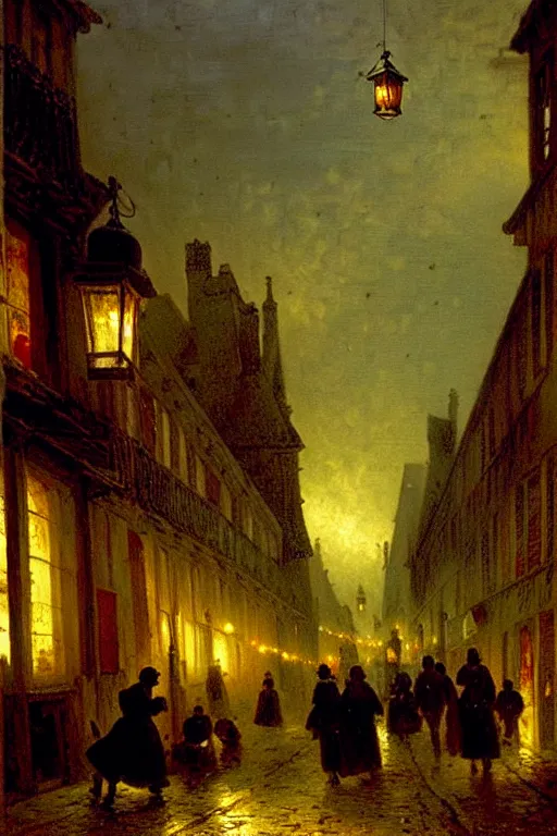 Image similar to detailed painting of a street of saint malo after a bombing, lanterns glowing, dusk, filigree ornaments, andreas achenbach