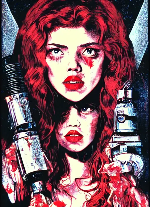 Image similar to scarlett johannson as the final girl on a vintage 1 9 8 0 s movie poster, slasher, horror, high details, intricate details, by vincent di fate, artgerm julie bell beeple, 1 9 8 0 s, inking, vintage 8 0 s print, screen print