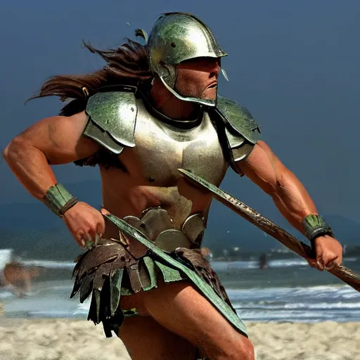 Prompt: spartan warrior sprinting on beach, epic action shot