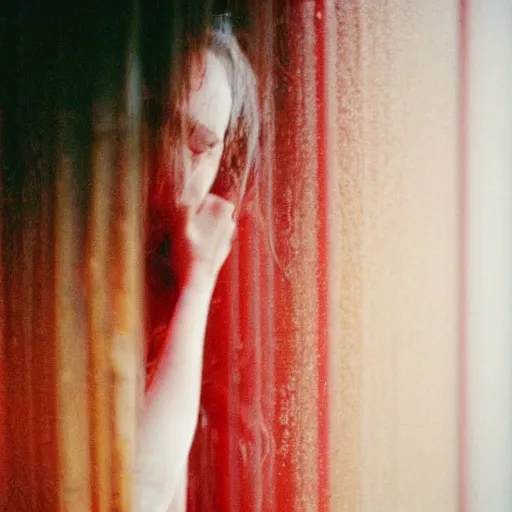 Prompt: Portrait of woman with wet hair peeks out from behind semi-translucent red glass, Cinestill 800T