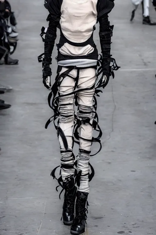 Image similar to beautiful androgynous high fashion avant garde techwear look and clothes, we can see them from feet to head, highly detailed and intricate, hypermaximalist, luxury, cinematic, rick owens, yohji yamamoto, y 3, outfit photo, trending on r / streetwear