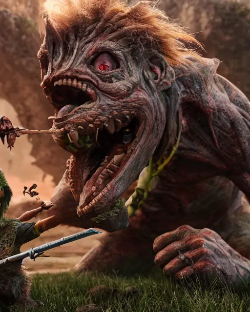 Prompt: highly detailed portrait of a movie goblin, attacking a human warrior. depth of field, breathtaking, detailed and intricate environment, 8 k resolution, hyperrealistic, octane render