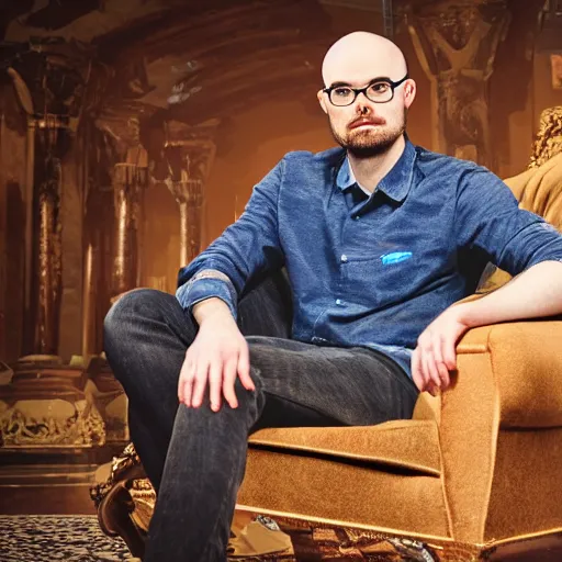 Image similar to photograph of northernlion sitting on a throne, ultra detailed, photorealistic, cinematic lighting