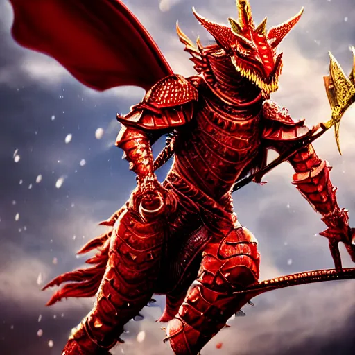 Image similar to a knight wearing full red armor, in the style of a dragon, spikes, wielding a whip, ultra realism, high detail, bokeh