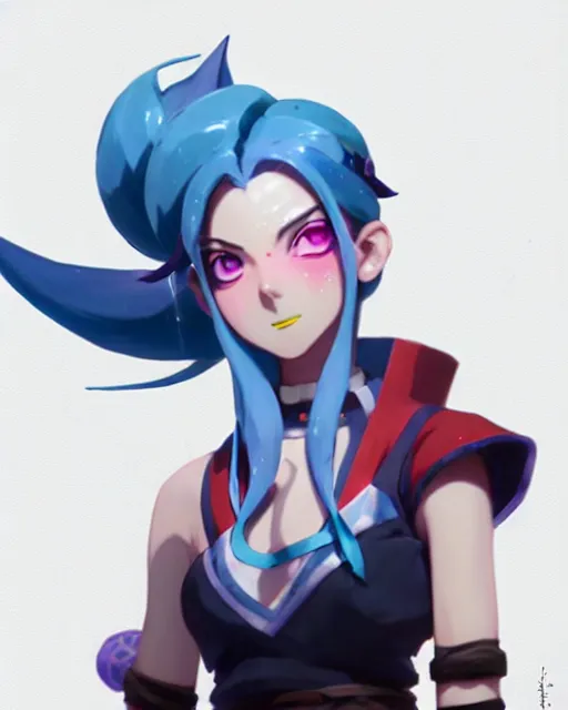 Prompt: jinx from league of legends, blue pigtails hair, detailed perfect face, exquisite details, fire magic, mid view, design on a white background, by studio muti, greg rutkowski makoto shinkai takashi takeuch studio ghibli