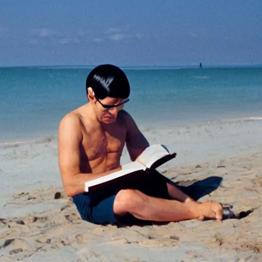 Prompt: Spock sitting on the beach, reading a book