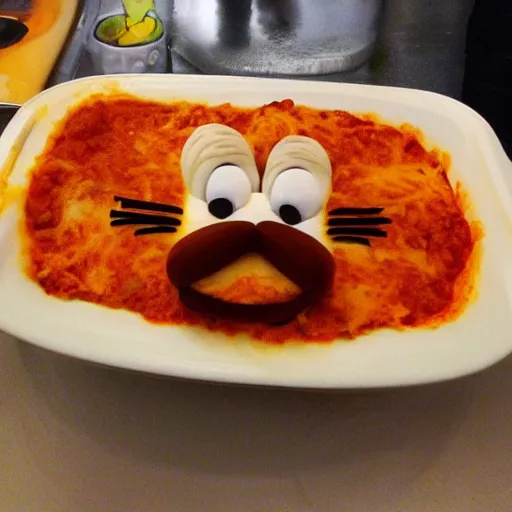 Image similar to garfield's face on lasagna