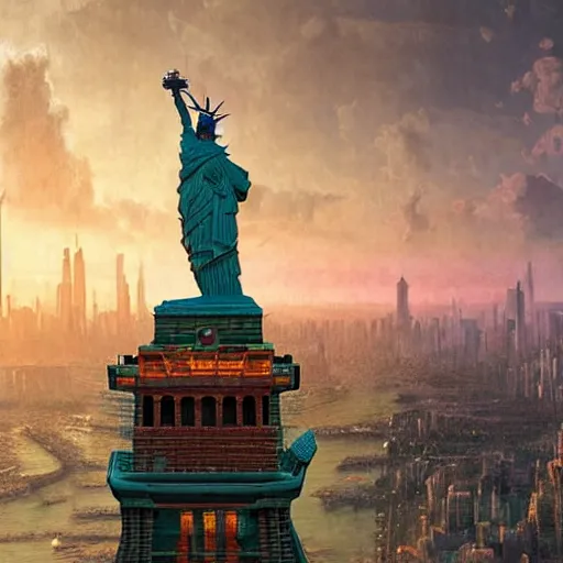 Image similar to highly detailed digital matte painting of a statue of Lady Liberty with a baguette in her arms reclaimed by nature Full shot. By Raphael LaCoste and Ruan Jia and Robert McCall, postcyberpunk, geodesic dome, hyperdetailed, sunrise, blueprint large, autochrome, octane rendering