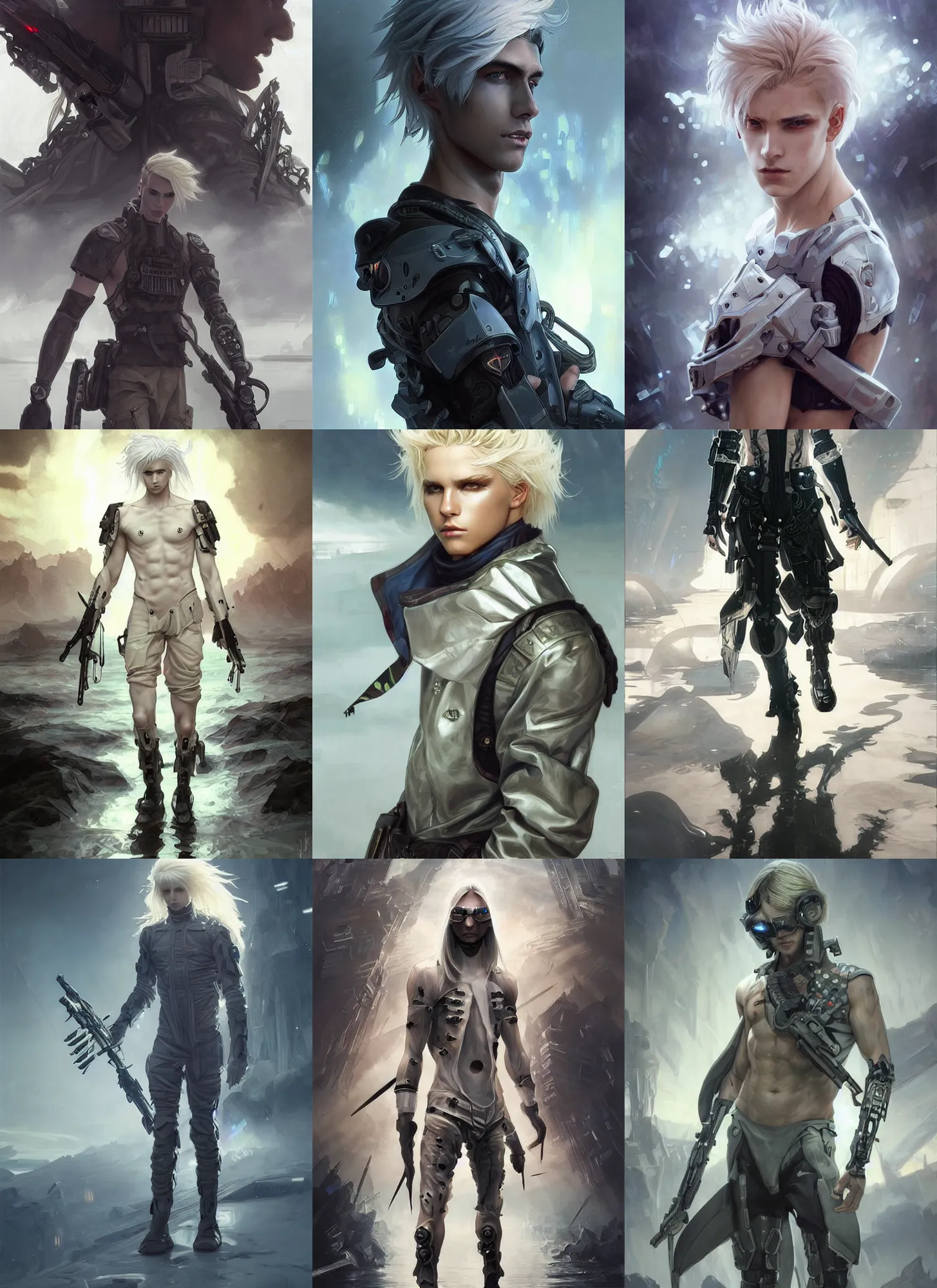 Prompt: beautiful soldier young teenage male boy wearing cyberpunk clothes, walking on water, platinum blonde long hair, white shiny skin, demonic eyes, low fantasy, extremely detailed, sharp focus, smooth, digital illustration, art by artgerm and greg rutkowski and alphonse mucha and ruan jia