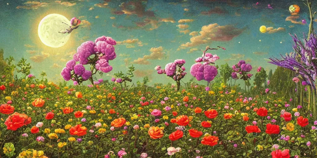 Image similar to a flowering garden on the moon, 👽🤖, impasto paint in the style of martin johnson heade and mark ryden,