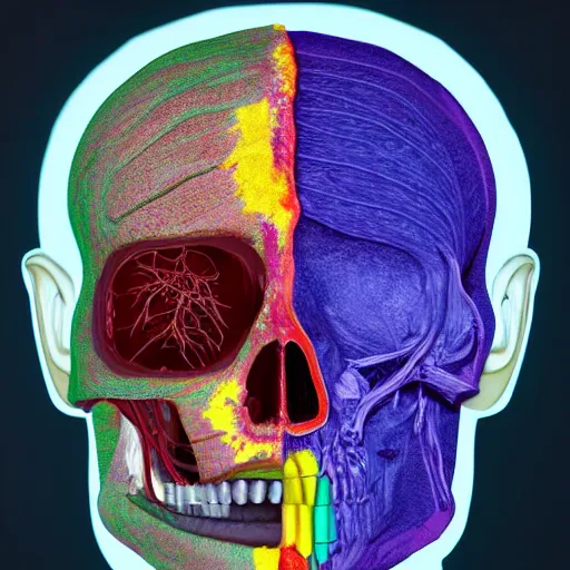 Image similar to insides of a dissected human head turn into a huge coloured power explosion, hyperrealistic medical photo, anatomically correct, realistic textures + section model, 8 k,