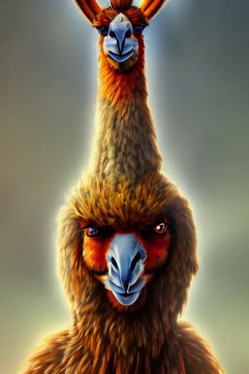 Image similar to portrait of an Anthro llama warrior, digital art, illustration, Unreal Engine, Concept Art, Proportional, magical, Navajo-Inspired, Stylized, Sun Conure, Strong Pose, wingless, head and shoulders, fierce eyes staring at the camera