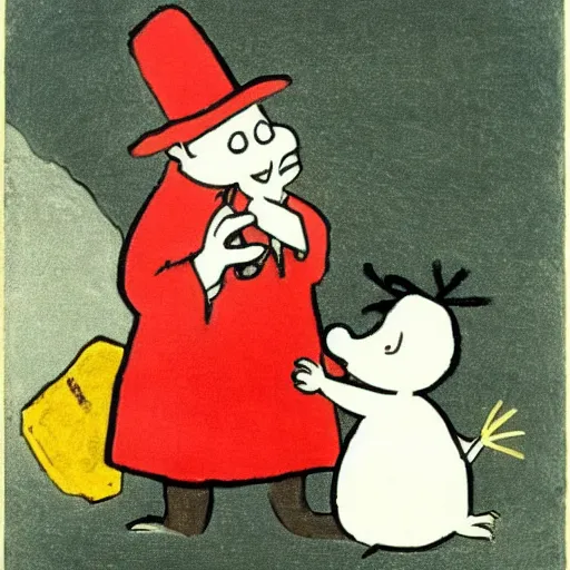 Image similar to moominpoppa with wide scared eyes holding and biting moomintroll, goya painting