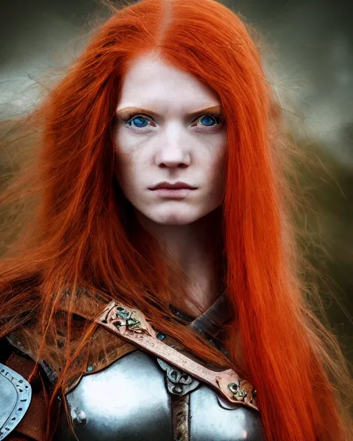 Image similar to north adult female warrior, red hair, ginger hair, long hair, fantasy, female Viking, high detailed, photography, cloudy, lightweight leather armour, Scandinavia, plain, detailed face, beautiful face, beautiful girl, look into the distance, professional model, glowing skin, serious face, full body,in full growth, professional photographer, masterpiece, 50 mm, 8k, 3D