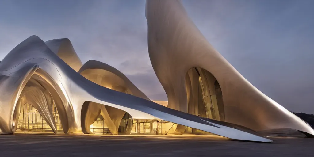 Image similar to extremely elegant smooth detailed stunning sophisticated beautiful elegant futuristic museum exterior by Zaha Hadid, smooth curvilinear design, stunning volumetric light, stainless steel, concrete, translucent material, beautiful sunset, tail lights