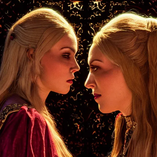 Image similar to a scene of two identical beautiful sorceresses face to face, full of detail, realistic lighting