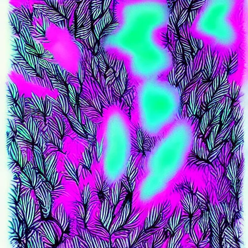 Prompt: vaporwave forest Hyper-realistic Highly detailed neon ink painting, trending on Art Station