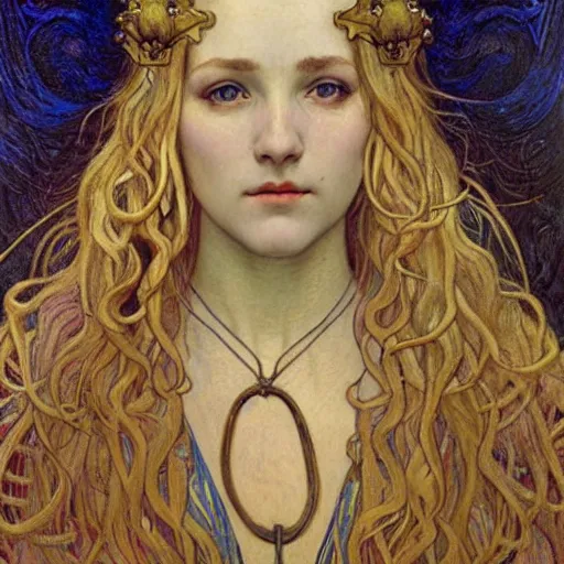 Image similar to detailed realistic beautiful young medieval queen face portrait by jean delville, alphonse mucha, vincent van gogh, and marco mazzoni, art nouveau, symbolist, visionary, gothic, pre - raphaelite