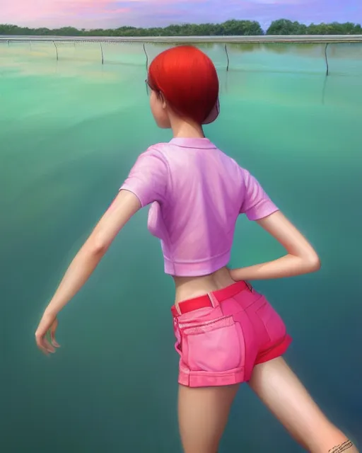 Image similar to a girl dressed in a green shirt and pink shorts walks along train tracks stretching out toward the horizon that are submerged under a few inches of water in a wide pool of water, intricate, elegant, highly detailed, digital painting, artstation, concept art, smooth, sharp focus, illustration, art by artgerm and greg rutkowski and fra angelico