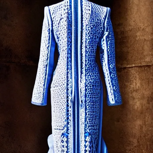 Image similar to fashion 2 0 5 0 fantastic openwork long coat with intricate pattern on a beautiful symmetrical girl with blue hair, hyper realistic photos