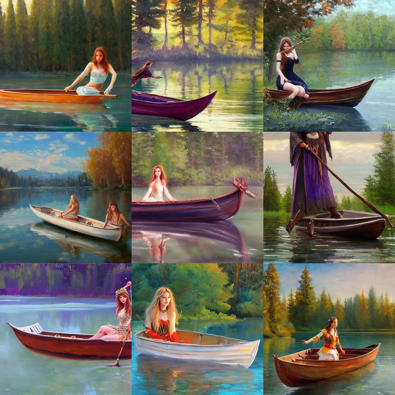 Prompt: a beautiful artwork of a druid princess in a boat on a lake, by alexandr averin, featured on artstation